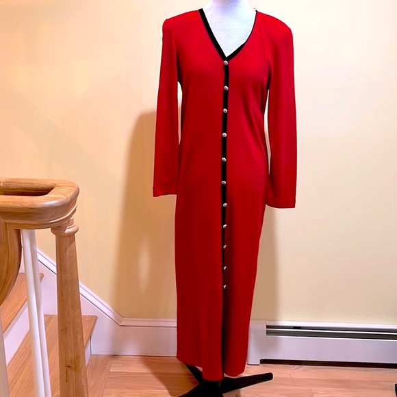 Vintage Dresses & Skirts - Vintage Sunshine Starshine Ribbed Red & Black Velvet Trim Maxi Dress NWOT